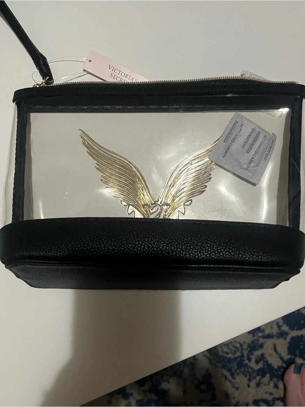 NWT Victoria's Secret Clear Black Cosmetic Bag Set with Gold Wing Accent
